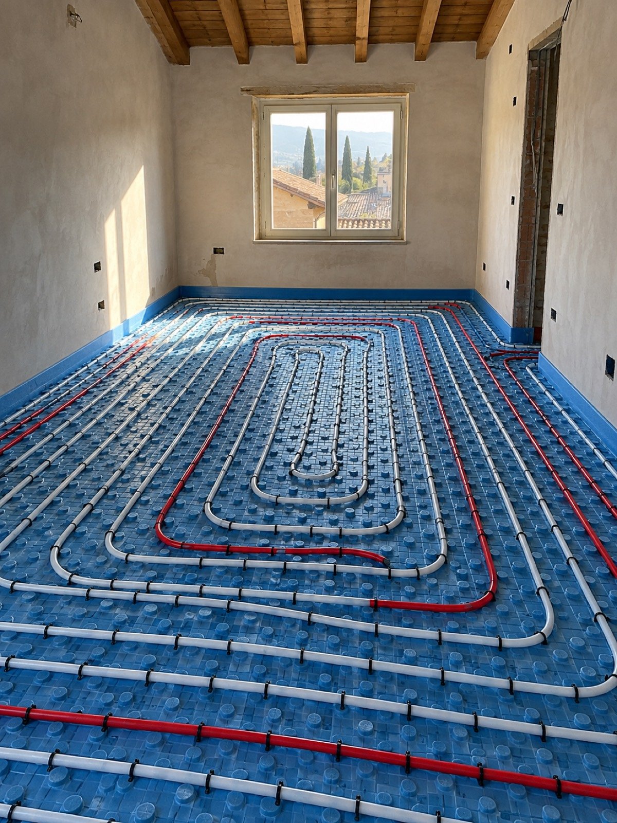 Pavimento radiante in posa con serpentine su pannelli isolanti in un appartamento nel Lazio