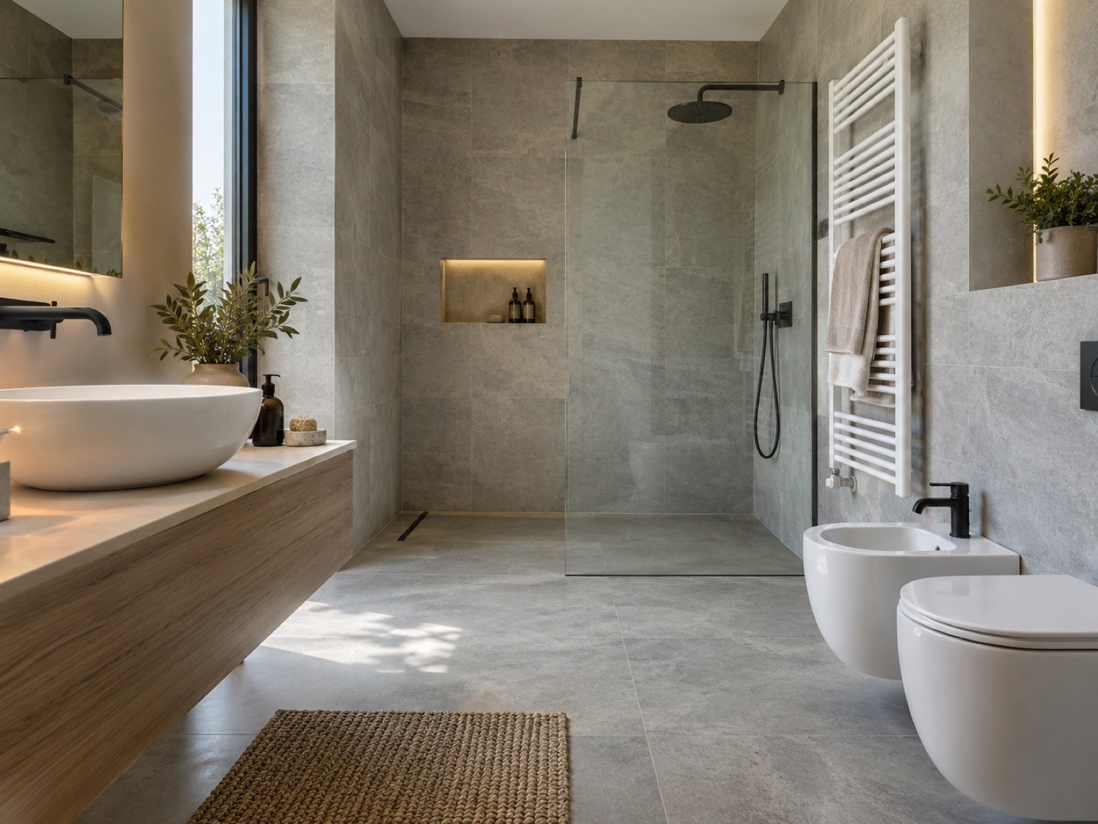 Bagno moderno con doccia filo pavimento e termoarredo