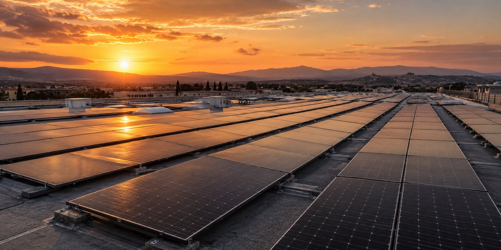 Impianto fotovoltaico su tetto piano di un capannone nel Lazio al tramonto