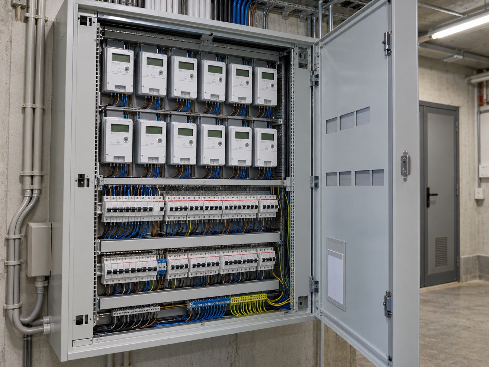 Quadro elettrico condominiale con contatori e interruttori nuovi